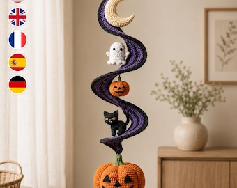 Halloween Crochet Wind Spinner Pattern PDF, Ghost Pumpkin Black Cat Spiral Hanging Decor, Spooky Amigurumi Home Ornament Tutorial