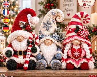 Christmas Gnome Crochet Pattern PDF, Cozy Santa Winter Candy Gnome Trio, Amigurumi Holiday Decor Digital Download Pattern
