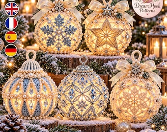 Crochet Christmas Ornament Pattern Bundle, 5 Light Up Snowflake Star Baubles, Winter Lantern Decor PDF, Holiday Tree Decorations