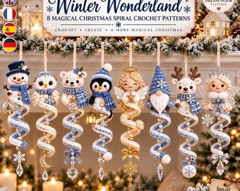 Christmas Spiral Ornament Crochet Pattern Bundle, 8 Winter Characters PDF, Snowman Owl Penguin Reindeer Angel Gnome Holiday Decor