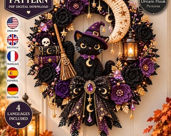 Halloween Crochet Wreath Pattern PDF, Witch Cat Crescent Moon Door Wreath, Gothic Black Purple Halloween Decor Digital Pattern