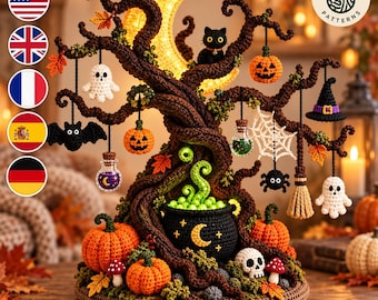Halloween Crochet Tree Pattern PDF, Moonlit Witch Cauldron Centerpiece, Spooky Amigurumi Home Decor, Instant Digital Download