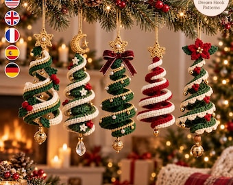 Crochet Christmas Tree Ornament Pattern, 5 Spiral Holiday Designs PDF, Festive Hanging Decor Bundle, Intermediate Crochet Project