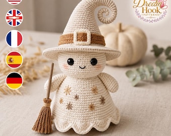 Witch Ghost Crochet Pattern PDF, Halloween Amigurumi with Witch Hat, Cottagecore Botanical Ghost Decor