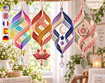 Crochet Suncatcher Pattern PDF Bundle – 4 Enchanted Helix Spiral Window Hangings, Prism Lotus Moon Floral Crochet Decor Pattern