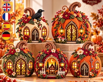 Crochet Pumpkin House Pattern, 5 Lantern Cottage Designs, Halloween Fall Decor PDF, Enchanted Harvest Manor Digital Download