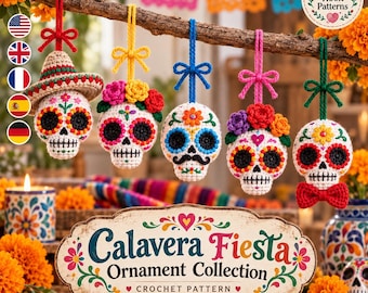 Sugar Skull Crochet Pattern, Calavera Ornament Collection Digital Pattern, Día de los Muertos Decor, Five Colorful Hanging Skull Designs