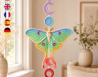 Luna Moth Crochet Pattern PDF, Celestial Moth Window Hanging with Prism, Boho Home Decor Crochet Pattern, Digital Download