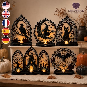May include: A collection of black, intricate, lace-like decorative candle holders featuring silhouettes of a raven, a witch on a broom, a cat, a haunted castle, and a spider web with a bat. Each piece includes a small base for a tea light candle.