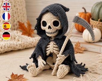 Grim Reaper Crochet Pattern PDF, Skeleton Amigurumi Doll with Scythe, Gothic Halloween Shelf Sitter and Spooky Decor Download