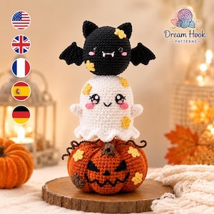 Halloween Amigurumi Crochet Pattern – Spooky Stackers Ghost Pumpkin Bat Decor, 4-Language PDF, Intermediate Seasonal Home Decor