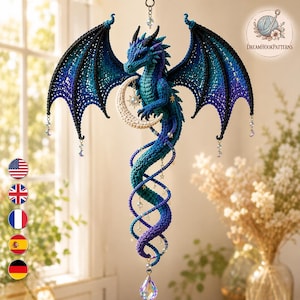 Crochet Dragon Suncatcher Pattern PDF, Aurora Double Spiral Dragon, Fantasy Window Decor, Crystal Prism Hanging Ornament