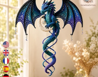 Crochet Dragon Suncatcher Pattern PDF, Aurora Double Spiral Dragon, Fantasy Window Decor, Crystal Prism Hanging Ornament