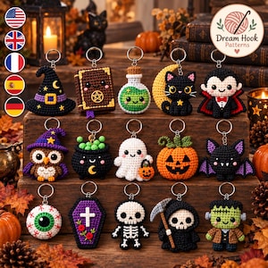 May include: A collection of fifteen crocheted Halloween-themed keychains featuring a witch hat, spellbook, potion bottle, black cat on a moon, vampire, owl, cauldron, ghost, pumpkin, bat, eyeball, coffin, skeleton, grim reaper, and Frankenstein's monster.