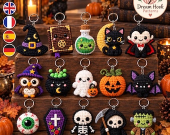 Halloween Crochet Keychain Pattern Bundle, 15 Spooky Amigurumi Charms PDF, Ghost Pumpkin Bat Witch Cat Skeleton Bag Charm Pattern