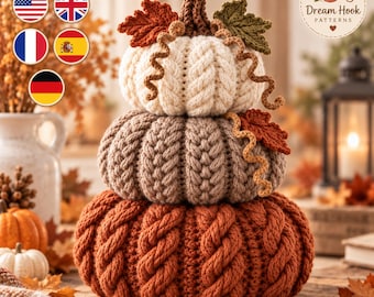Crochet Pumpkin Stack Pattern PDF, Cable Textured 3-Pumpkin Tower, Autumn Fall Home Decor, Thanksgiving Centerpiece, Digital Download