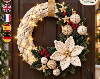 Crochet Christmas Wreath Pattern PDF, Ivory Noel Luxe Poinsettia Door Decor, Elegant Holiday Wreath, Digital Crochet Pattern