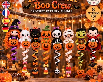 Halloween Crochet Pattern Bundle PDF, 8 Spiral Amigurumi Ornaments, Witch Ghost Cat Pumpkin Skeleton Mummy Frankenstein Vampire Decor