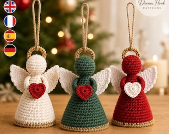 Crochet Angel Ornament Pattern PDF, Rustic Guardian Angels with Hearts, Christmas Tree Ornament Trio, Holiday Crochet Pattern