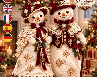 Christmas Snowman Couple Crochet Pattern PDF, Victorian Mr & Mrs Amigurumi Dolls, Elegant Holiday Home Decor Digital Pattern
