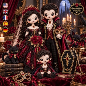 May include: A collection of crochet dolls including a vampire couple in formal attire, a small vampire child, a black cat, and a bat. The dolls feature intricate dark red and black clothing, lace details, and gold accents. A coffin-shaped bag and a masquerade mask are included.