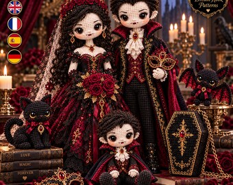 Vampire Masquerade Crochet Pattern Bundle, Gothic Bride & Groom Dolls, Vampire Child, Black Cat, Bat Familiar And Coffin Purse PDF