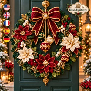 Crochet Christmas Wreath Pattern PDF, Royal Poinsettia Door Wreath, Holiday Crochet Decor, Ornament Bow Wreath Digital Pattern