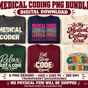 医療コーダーPNGバンドル、面白いデザイン6種類、Tシャツ用グラフィック（デジタルダウンロード）
