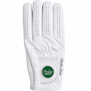 May include: A white golf glove featuring perforated fingers and a quilted texture on the palm area. A circular green patch with the white text ProGrip Premium Golf Gloves is centered on the wrist strap, with the name Charlie Stone printed vertically.