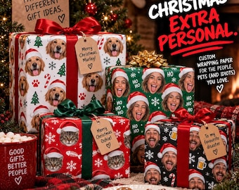Custom Christmas Face Wrapping Paper, Personalized Photo Gift Wrap, Funny Holiday Gift Wrap