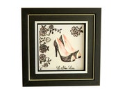 Fabric Wall Art, Black Lace Shoes, Embroidered, framed