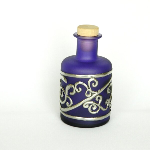 Reserved for Joanne - Glass Bottle Purple Twirls and Swirls Pewter Motif