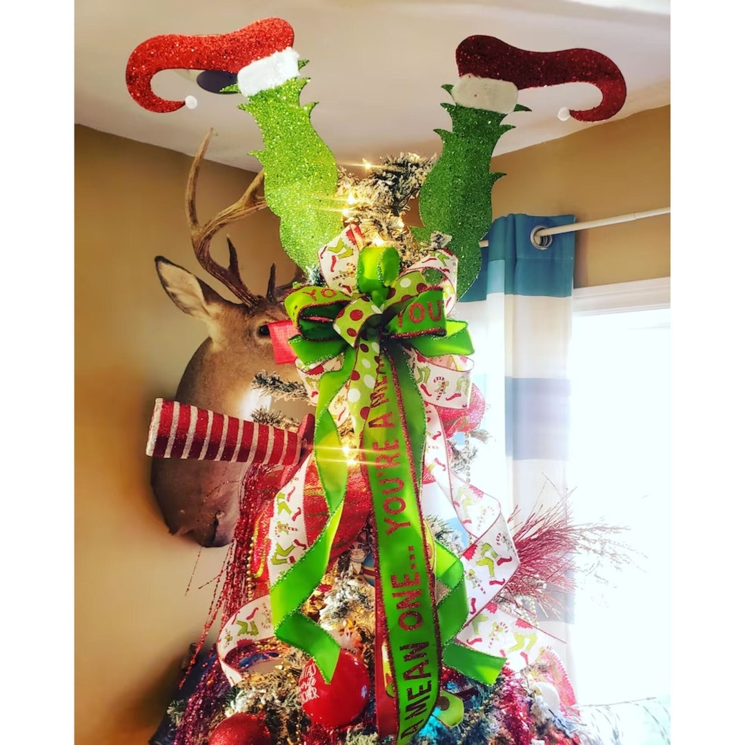 Grinch Leg and Ribbon Bow Tree Topper Combo Grinch Decor Etsy