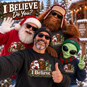 Sweat-shirt de Noël Bigfoot Alien, Pull de Noël avec un cryptide « Je crois au Père Noël », T-shirt de Noël Sasquatch humoristique
