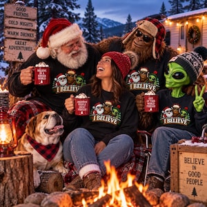 Sweat-shirt de Noël brodé Bigfoot (grand format), Pull extraterrestre « Je crois au Père Noël », Cadeau de Noël Sasquatch amusant