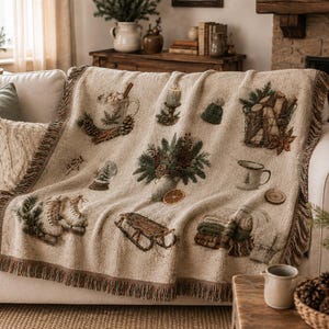 May include: A beige woven throw blanket featuring a repeating winter-themed pattern including a mug with marshmallows, a candle, a knit hat, a basket of firewood, a snow globe, pine branches, ice skates, a wooden sled, and folded sweaters.