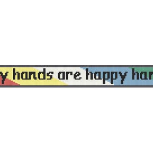 May include: A rectangular cross-stitch pattern featuring the text "flappy hands are happy hands" in black pixelated font. The background consists of diagonal color stripes in red, yellow, white, blue, and green, all enclosed in a thin gray border.