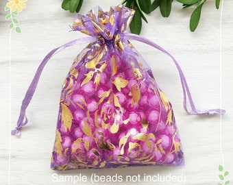 10 pcs Purple Rose Flower Gold Foiled Organza Bags 12cm x 8.5cm Wedding Gift Bags, Jewellery Packaging, Party Favor Bags, Drawstring MS105