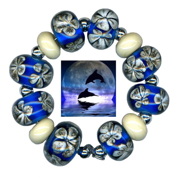 Lampwork Glass Beads Moon Flower Blue Ivory Bead Etsy