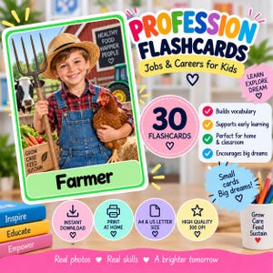 Pode incluir: Conjunto de 30 cartões educativos com o texto Profession Flashcards Jobs & Careers for Kids. Um cartão mostra uma criança com chapéu de palha e jardineiras de ganga segurando um forcado e uma galinha, com a etiqueta Farmer e ícones.
