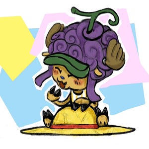 May include: A digital illustration of a tan, anthropomorphic creature with hooves, wearing a large purple fruit-shaped hat with a green stem. The character has a blue nose, a yellow shirt, and sits on a yellow circular base against geometric shapes.
