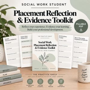 Puede incluir: Un conjunto de documentos PDF rellenables para el Social Work Student Placement Reflection & Evidence Toolkit. Incluye páginas para reflexión semanal, preparación de supervisión, seguimiento de evidencias PCF y observación.