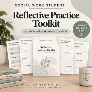 May include: A 16-page fillable PDF reflective practice toolkit for social work students. The toolkit includes pages for reflection prompts, models to support reflection, turning experience into learning, and an action plan, all featuring a leaf graphic.