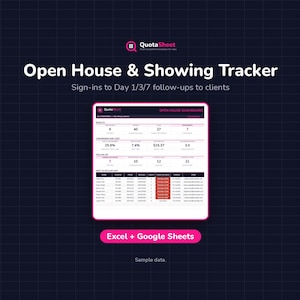 May include: A digital dashboard titled Open House & Showing Tracker by QuotaSheet, featuring data tables for results, conversion costs, and follow-ups. The interface includes columns for visitor names, dates, and status, with a pink Excel + Google Sheets label.