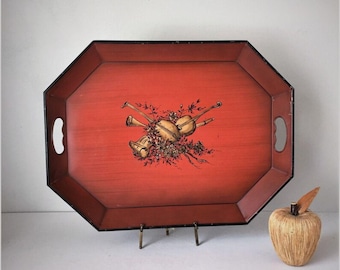 Vintage Octagonal Red Metal Tray with Hand Painted Musical Motif by Nashco