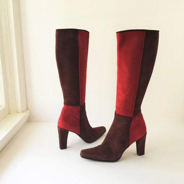 Vintage Color Block Suede Ladies Boots Stuart Weitzman Size 7 B All Leather Tall Calf Boots Boho Red and Burgundy 1990s Ladies Boots