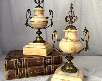 Vintage Natural Stone Urns with Ornate Metal Mounts in the Style of Antique French Cassolettes a Pair 12"