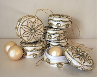 Beaded Satin Box-Shaped Christmas Tree Ornaments Set of Six | Round Gift or Ring Box Holiday Ornaments | Festive Gold and Cream Decor