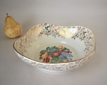 Vintage Fruit or Salad Bowl Atlas China Company NY 22kt Gold Warranted | Fruit Motif and Gold Filigree Serving Bowl