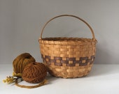 Splint Wood Basket, Vintage Gathering Basket, Round Storage Basket, Rustic Orchard Basket, Single Bentwood Handle, Knitting Crafts Basket